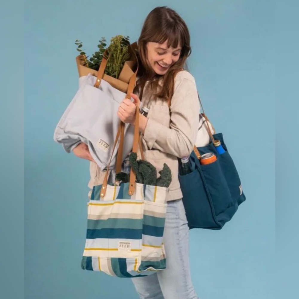 FEED Projects Canvas Market Tote Sea Blue Shopping Leather Straps Bag